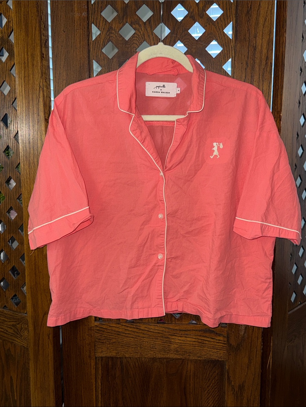 Karen Walker Coral Short-Sleeve Notch Collar Pajama Top with White Piping